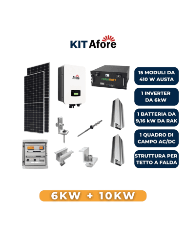 Kit Fotovoltaico Completo 6 kW Afore - Moduli 410 W, Inverter 6 kW, Batteria 9,6 kWh, Quadro AC/DC e Struttura Tetto image